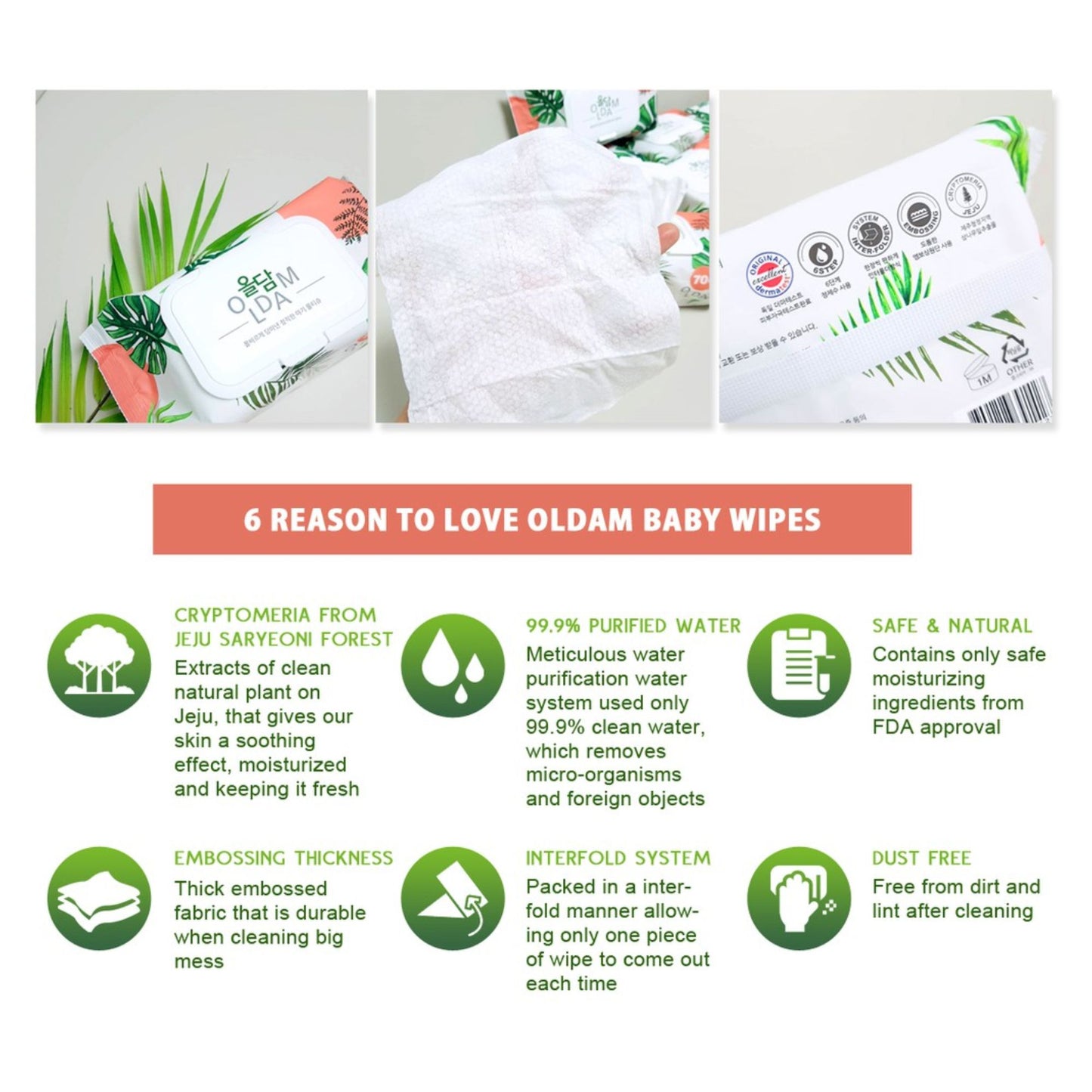 Dinky Oldam 올담 Korean Baby Wipes (8 Packs x 70pcs) - Safe For Baby. Soft & Sensitive, Thick