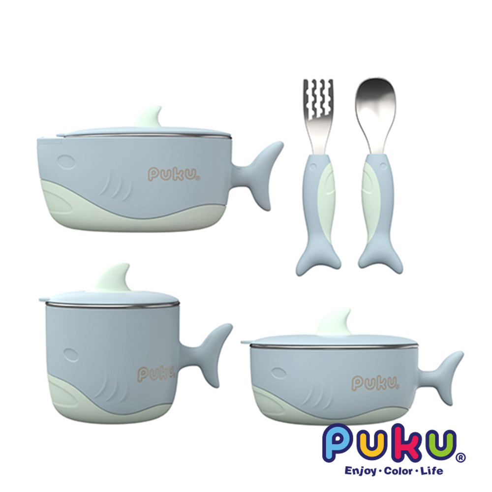 PUKU Shark 5pcs Stainless Steel Tableware Set (Blue/Pink)