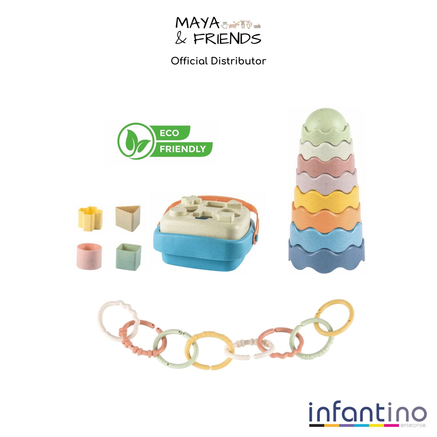 Maya & Friends Bio Combo Toy Set (Linking Chains, Shape Sorter & Wave Shape Stacker)