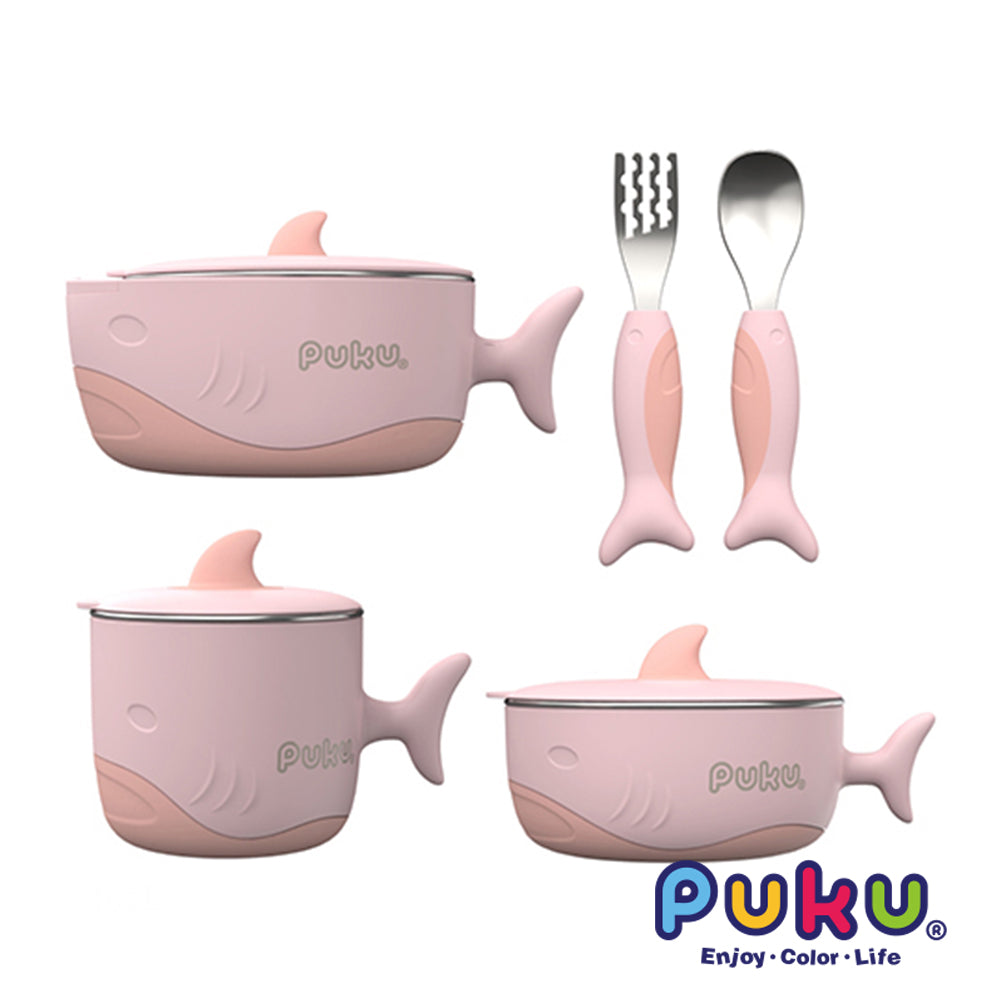 PUKU Shark 5pcs Stainless Steel Tableware Set (Blue/Pink)